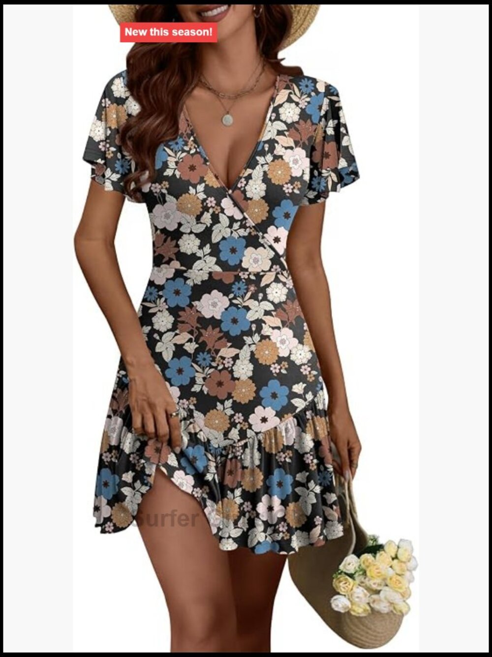 Womens Short Sleeve Wrap V Neck A Line Floral Mini Dress Boho Beach Vacation